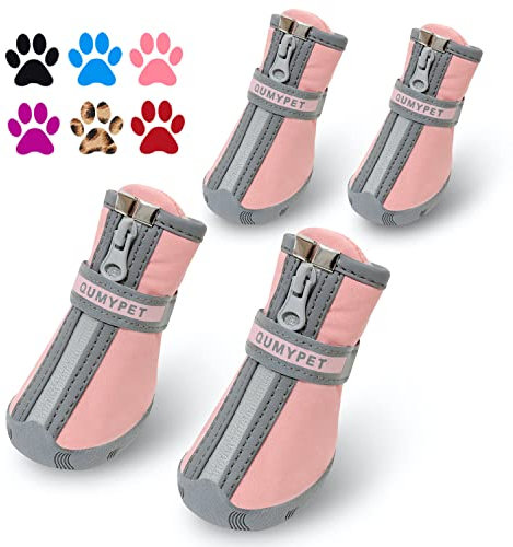 QUMY Kleine Hundestiefel, spritzwassergeschützt, Winter-Schneeschuhe für Welpen, Hunde, mit reflektierendem Streifen, weich, bequem, rutschfeste Gummisohle, Rosa, 4 Stück/Set