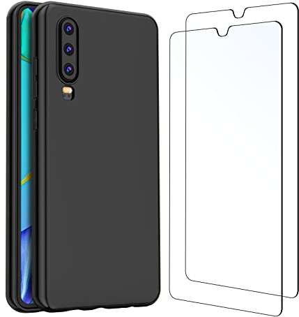 NEW'C Cover per Huawei P30 in silicone custodia ultra sottile nero e 2 × vetro temperato per Huawei P30, pellicola protettiva per schermo