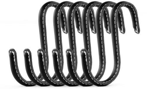 Brute Strength - S-Haken mit Vollnarbenleder umwickelt - 6 Stück - Schwarz - 10 cm Edelstahl-Metallbügel Aufhängehaken für Küche, Werkstatt, Bad
