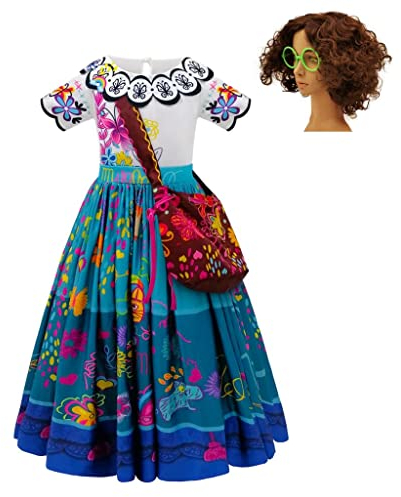 Lito Angels Encanto Mirabel Kleid Kostüm Verkleidung mit Tasche und Brille Grün und Perücke für Kinder Mädchen Größe 8-9 Jahre 134 (Tag-Nummer 150)