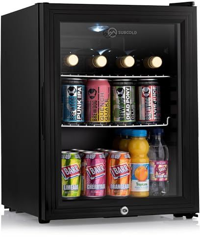 Subcold Super35 LED - Mini Fridge | 35L Glass Door Beer, Wine & Drinks Fridge | LED Light + Lock and Key | Energy Efficient (Black) (Renewed)