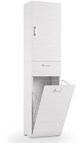 Yellow shop - Mobile Porta Biancheria Slim L45xP32xH195 cm Cesto Estraibile, Cassetto e Anta, Salvaspazio Bagno o Lavanderia, Finitura Bianco – Design Moderno