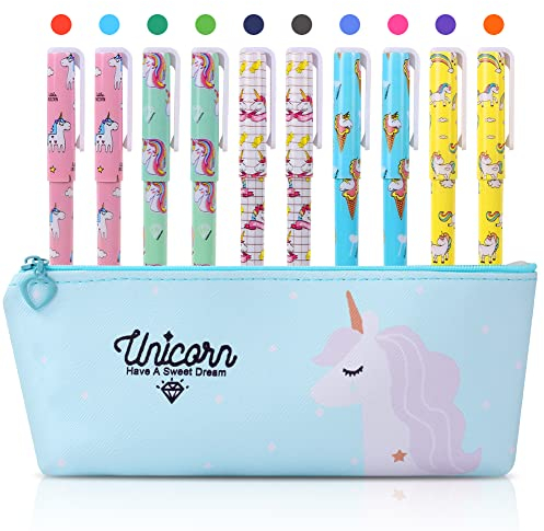 OFFCUP Einhorn Stifte Set, Unicorn Federmappe mit 10 Gelstifte, Geschenke für Mädchen und Jungen, Schreibwaren Set für Geburtstag, Blau