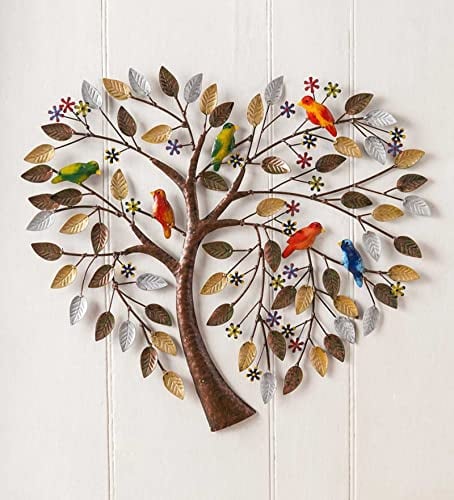 Metall-Baum des Lebens, Wanddekoration, handgefertigte Zweige, Vogelblumen, Skulpturen, herzförmiger Baum des Lebens, hängende Kunstwerke, dekorative, herzförmige Stammbaum-Wandmetallkunst, 45 x 45 cm