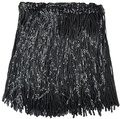 WANYIG 5 Yards Länge 16cm Breite Pailletten Quaste Band Fransenborte Quastenbesatz Quastenborte Schnittfranse Fransenband Trimmen für DIY Kleid Nähen Basteln Kostüme Dekoration (Schwarz)