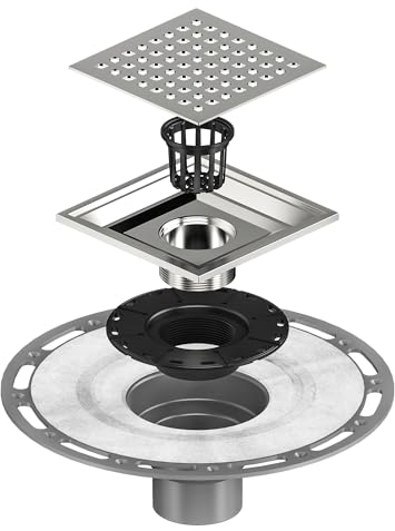 Neodrain 15,2 cm gebürsteter quadratischer Duschablauf, gebürsteter 304 Edelstahl, Ablaufgitter, abnehmbarer Abflussschlüssel mit Anti-Wicking-Stoff, PVC-Klebeflanschboden für flache Duschwanne