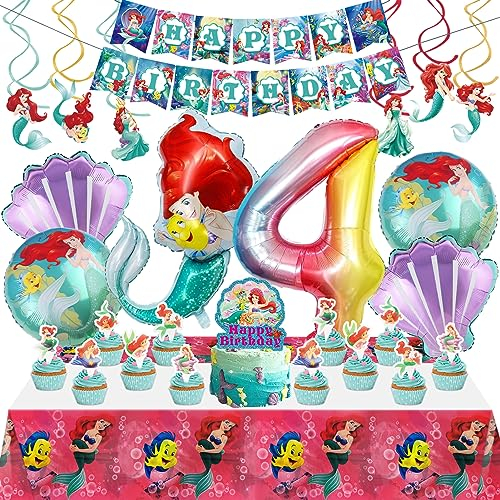 Meerjungfrau Geburtstag Deko 4 Jahre, Meerjungfrau Folienballon, Ariell Geburtstagdeko Luftballon Banner Torte Flagge, Meerjungfrau Kuchen Deko, Meerjungfrau Party Tischdecken für Mädchen