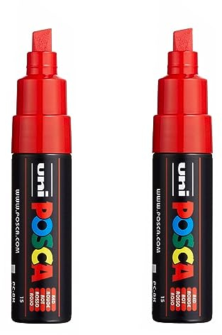 Posca PC-8K Paint Marker Art Pens - 8mm Chisel Nib - Red Ink - 2 Pack