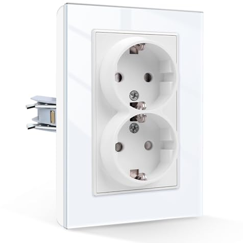 CNBINGO Enchufe doble de cristal empotrado, 2 enchufes, empotrado, doble enchufe de pared con abrazadera de enchufe, color blanco
