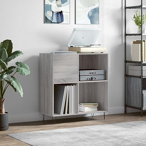 Gecheer Home Turntable Stand with Vinyl Record Storage Wood Side Cabinet Simple Design TV Table with Open Front Storage Compartment Grey Sonoma 84.5x38x89 cm Engineered Wood 1