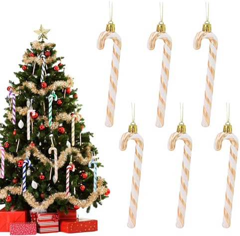 13cm Champagne White Candy Cane Christmas Decoration, 6pcs Glitter Candy Cane Xmas Tree Ornaments for Holiday Decor