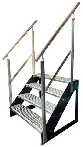 Kaminbau Mierzwa Premium Stahl Treppe Freistehend mit beidseitig verzinktem Geländer/Wangen Anthrazit RAL 7016/4 Stufen verzinkt (Breite 1400 mm) (Höhe 76 cm) Gitterroststufe Gartentreppe