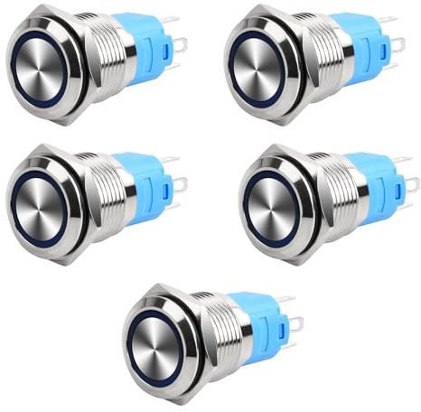 Jinlaili Interruttore a Pulsante Autobloccante, 5PCS 16mm Interruttore 12V-24V 5A Interruttori a Pulsanti, Impermeabile Interruttore in Ottone Cromato con Luce LED ad Anello Blu per Moto Auto Barca