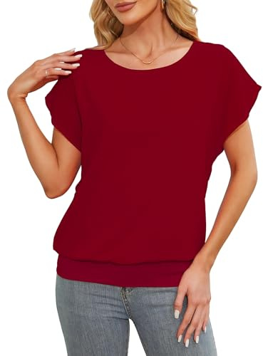 Anelune Summer Blouses for Women Elegant Casual Ladies Chiffon Blouses Short Sleeve Loose T-Shirts Wine Red Medium