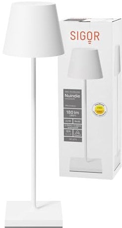 SIGOR Nuindie 2.0 - Dimmbare LED Akku-Tischlampe Indoor & Outdoor, IP54 spritzwassergeschützt, Höhe 38 cm, aufladbar mit USB-C, 12 h Leuchtdauer, schneeweiss