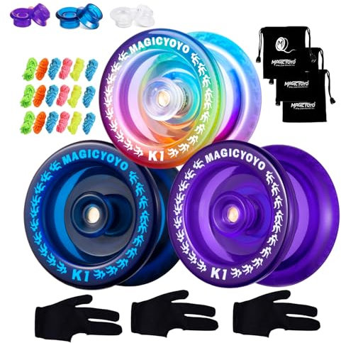 3er Pack Jojos Reaktionsfreudiges JoJo für Kinder, Anfänger JoJo K1 Kristall, Kunststoff Jo jo Ball für Tricks JoJo + 3 Jo-jo Taschen + 18 JoJo-Saiten + 3 JoJo-Handschuhe Blau +Lila +Blau Rosa Gelb