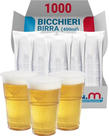 G.M. DISTRIBUZIONE 1000 Bicchieri Birra da 400ml in PP Trasparente, Bicchieri Usa e Getta per Birra tacca 3cl, Bicchieri Monouso per Bar e Lounge Bar