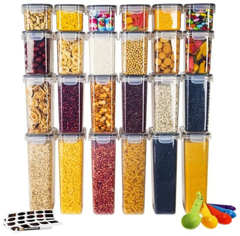 shine-montoo Airtight Food Storage Containers with Lids 24 Pieces Clear Plastic Leakproof, BPA-Free Labels Marker & Spoon Set Cereal Flour Sugar Durable Pantry Organization Fridge Freezer microwave