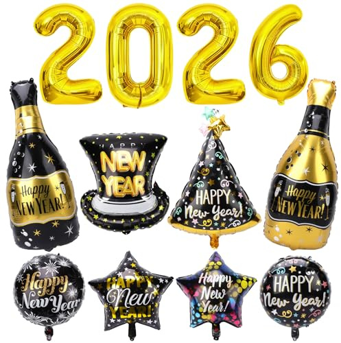 Silvester Deko 2026, Luftballons Silvester XXL, Happy New Year Ballons, Champagner Stern Rund Folienballons, Neujahr Deko Schwarz Gold, 2026 Silvesterparty Deko