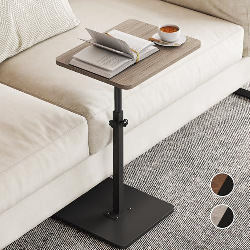 NiHome C-Form Beistelltisch aus Holz, Höhenverstellbar, 360° Rotierbarer Sofatisch, Platzsparender Couch- und Bettbeistelltisch, Mobiler Side Table für Wohnzimmer und Schlafzimmer, Snacktisch(Grau)