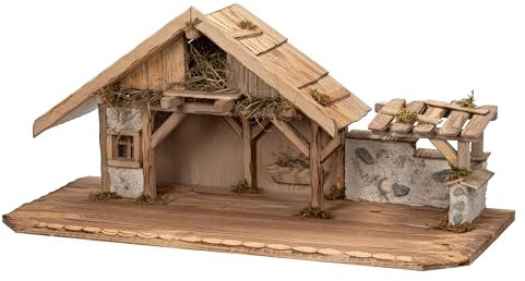 Bonetti Große Weihnachtskrippe | aus Holz und Gips gefertigt | mit Moos, Steinen und Stroh geschmückt | sehr detailreiche Krippe (ca. 70 x 30 x 31 cm (BxTxH))