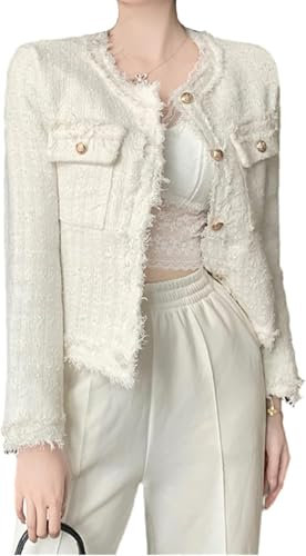 Blazer en Tweed à Carreaux pour Femmes, Blazer sans col Ouvert, Manteau de Veste Court de Travail élégant (Blanc,XL)