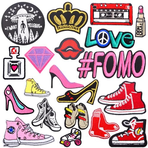 20pcs Colorful Embroidered Iron on Patches Women Themed Cosmetics Lipstick Sexy Mouth High Heel Shoe Sew on Applique Repair Patch for DIY Clothing Dress Backpacks Hats Decor