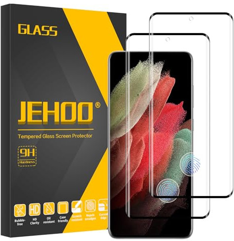 JEHOO 2 Pièces pour Samsung Galaxy S21 Ultra Verre Trempé, Compatible avec Lecteur d’Empreinte, Sans Bulles, Dureté 9H, Antichoc Anti Rayure Vitre Film de Protection Écran pour S21 Ultra