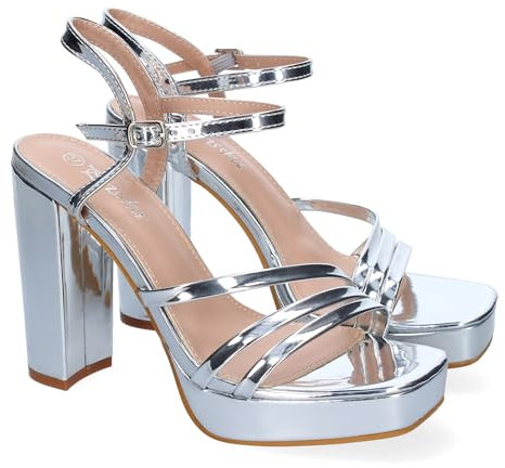 shoes&blues.es 89725 Sandalia de Tacon para Mujer, Diseno Moderno y Elegante, con Tiras Cruzadas en la Pala, Ideales para Eventos y Cierre de Hebilla. Plata Talla 40