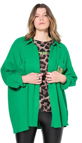 Studio Untold Damen große Größen Übergrößen Plus Size Musselin Bluse, Oversized, Tasche mit Leo-Patch smaragdgrün 50+ 839023459-50+