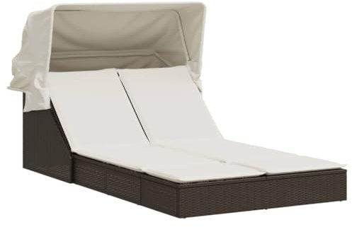 Emmtore Sonnenliege, Doppelliege mit Dach Auflagen, Gartenliege Verstellbare Rückenlehne, Relaxliege Liege Gartenmöbel,Poly Rattan Sonnenliege,Braun