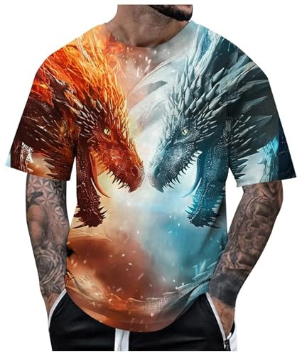 2025 Herren T-Shirt mit Drachen-Motiv, für den Sommer, kurzärmelig, Oberteil mit Tiermotiv, Grafik-Shirt Dachdecker Tank Top (Orange, S)