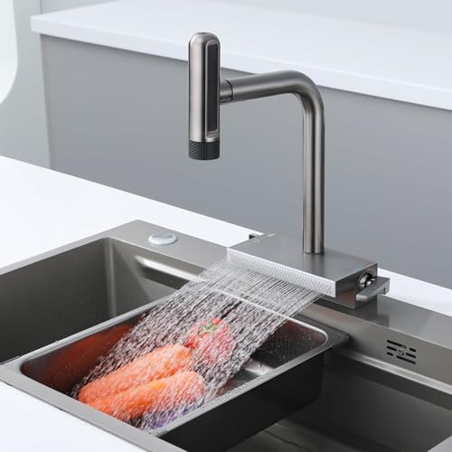 Robinet Cuisine Douchette Extensible Cascade, 7 Modes Mitigeur Cuisine Cascade avec Bec Large en Cascade, Rotatif à 360° Robinet Évier, Acier Inoxydable, Gris Pistolet