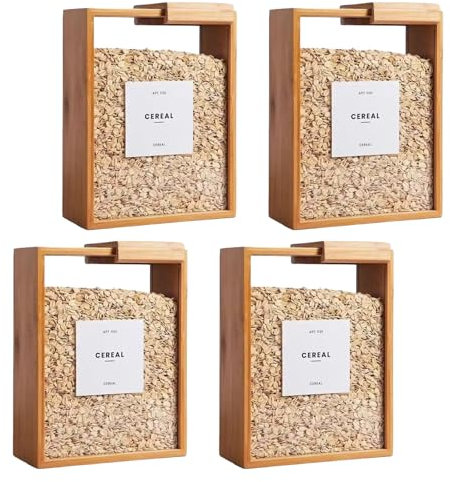 AZIDWERYQ 4pcs Bamboo Kitchen Cereal Conteneurs, Dispensateur de Nourriture en Bois de 9x7x3 Pouces avec paupières Amovibles, Rangement Cuisine Claire pour collation, Riz, Farine, pâtes