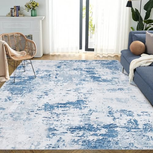 CAROMIO Abstrakter Teppich Wohnzimmer 160x230cm Kurzflor Waschbar Hellblau | Moderner Minimalistischer Teppich Schlafzimmer Kinderzimmer Büro Esszimmer, rutschfest Faltbarer Abstrakt