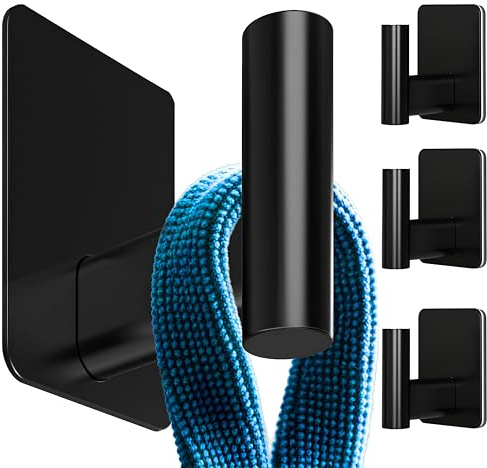 Menz Extra-Large Self Adhesive Hooks 4 Piece Black – 3M Heavy Duty Stick on Hooks, Waterproof Bathroom & Towel Hook, 2 Installation Options (Adhesive/Nail) for Kitchen, Closet, Door & Home