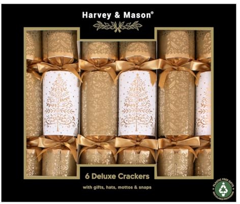 Harvey & Mason Pack of 6 Deluxe White Gold Tree Christmas Crackers - 13.5 Metallic Festive Xmas Holiday Dinner Table Decorations - Novelty Fun Prizes Gifts Contains Hats Jokes