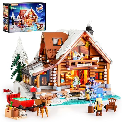 Lumibricks Aurora Cabin med LED – 2 425 delar, trähus, byggsats med norrskenasprojektion, innovativt Aurora projektionsljussystem, immunsiva arktiska scener, gåva och samlarobjekt för vuxna