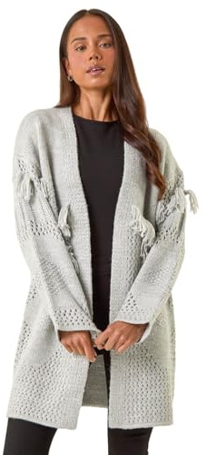 Roman Petite Tassel Knit Cardigan for Women UK - Ladies Everyday Autumn Winter Comfy Soft Evening Vacation Work Party Night Out - Petite Grey - Size 14