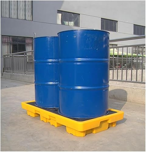 Oil Tank Spill Tray，2 Drums Containment Spill Pallet, Polyethylene Low Profile Paint Bucket Tray, Spill Platform with Drain for Garage Industrial Storage, Detachable,Yellow,80 L/130X68X15 CM