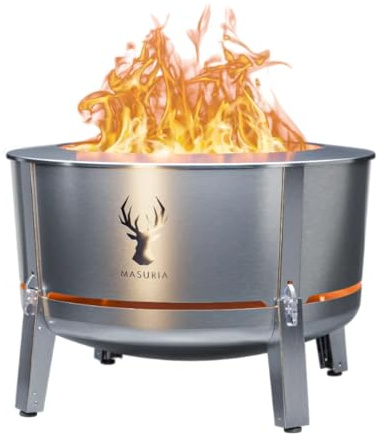 Masuria Rauchfreie Feuerschale 80cm⌀ Alpha 800 - Patentierte Rauchreduzierung bis zu 95% - Hergestellt in EU - raucharme Feuerstelle Outdoor aus Edelstahl 304 - Verstellbare Beine - Silber