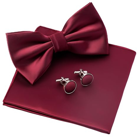 Cosswe Fliege Herren Mit Taschentuch Manschettenknöpfe Set,Fliege Seide Einstecktuch mit Manschettenknöpfe,Verstellbare Vorgebundene Fliege für Hochzeit Abendpartys Feierlichkeiten Formelle Anlässe