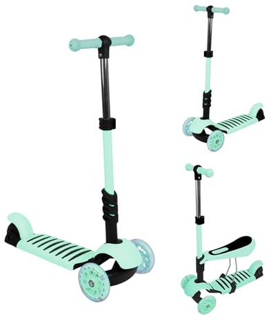 3-in-1 Tretroller mit 3 LED-Rädern, Laufrad mit abnehmbarem Sitz und Bremse, Tretroller für Kinder mit höhenverstellbarem Griff, 2 Jahre bis 50 kg