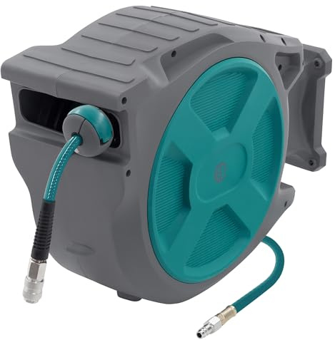 ECD Germany Druckluftschlauchtrommel 30m+2m, Automatischer Aufroller mit Arretierfunktion, 1/4 Anschluss, Schnellkupplung, 15 bar, 180° schwenkbar, Ø12mm, Automatik Schlauchaufroller für Wandmontage