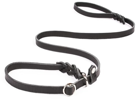 CopcoPet Retrieverleine mit Zugstopp für große Hunde – 1,60m x 18mm Moxonleine in Schwarz – Fettlederleine & Agilityleine aus Leder – stufenlos verstellbar, Handarbeit, verchromt, wetterfest