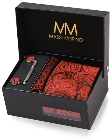 Massi Morino Krawatte Paisley Rot mit Einstecktuch Set Herren inkl. Manschettenknöpfe, Krawattennadel und Geschenkbox - Männer Krawattenset