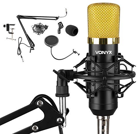 VONYX CMS400B Studio Condenser Microphone Kit with Adjustable Desk Boom Arm Stand, Pop Filter & XLR Cable for Podcasts, Music Recording & YouTube (Black/Gold)