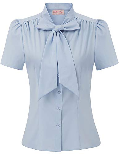 Women Plus Size Bow Tie Neck Blouse Button Down Shirt Top XX-Large BP819-3, Light Blue