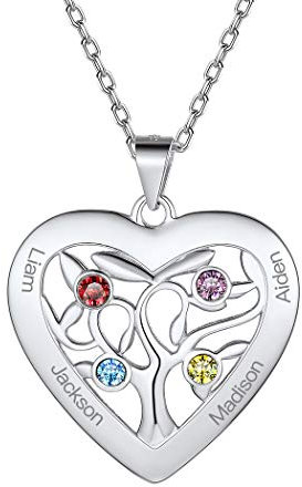 925 Sterling Silver Personalised Heart Family Tree of Life Necklace with Choice of Birthstone Setting Custom Engraving Name 4 Four Birthstone Love Heart Tree Pendant Necklace for Women Teen Girls
