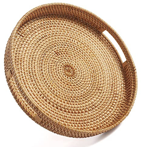 Round Serving Trays with Handles for Ottoman Woven Coffee Table Tray Decorative for Kitchen and Home Natural (36cm x 7cm)